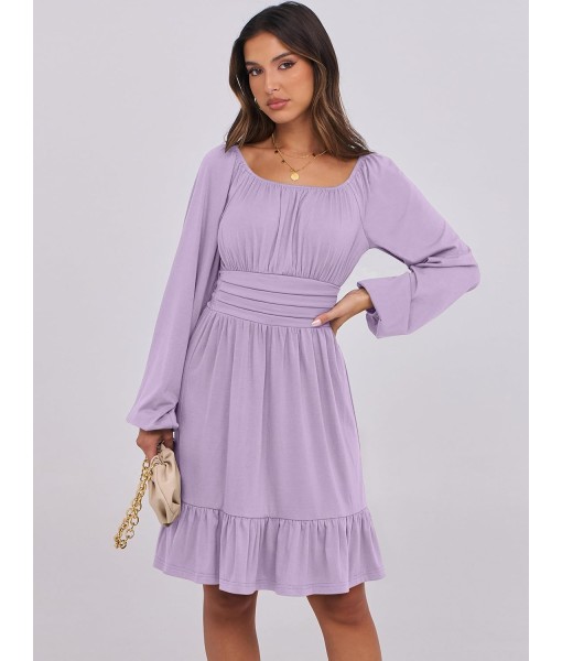 ANRABESS Womens Dress Long Lantern Sleeve Square Neck Elastic Waist Ruffle Flowy Swing A-Line Short Dresses 2025 Fall Fashion
