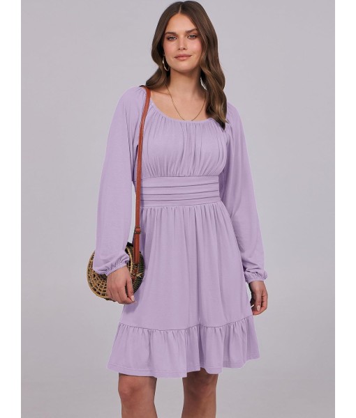 ANRABESS Womens Dress Long Lantern Sleeve Square Neck Elastic Waist Ruffle Flowy Swing A-Line Short Dresses 2025 Fall Fashion