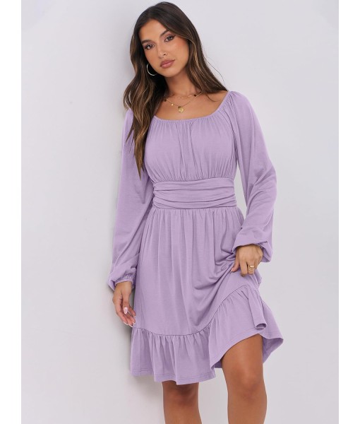 ANRABESS Womens Dress Long Lantern Sleeve Square Neck Elastic Waist Ruffle Flowy Swing A-Line Short Dresses 2025 Fall Fashion