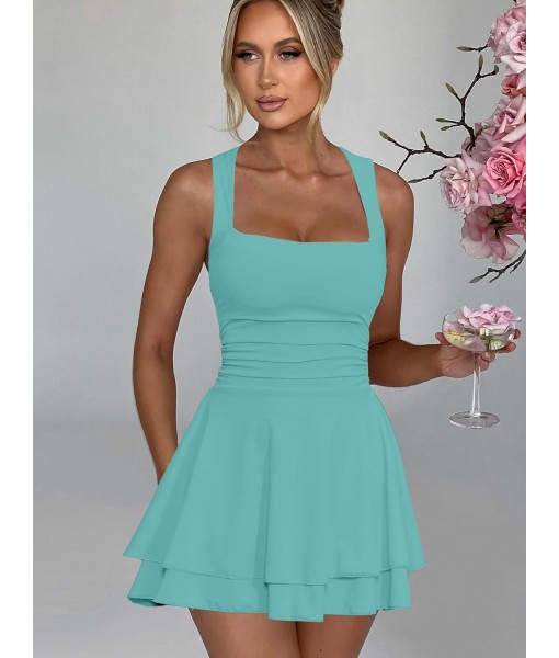 Kaximil Women's Square Neck Ruffle Hem Mini Dress Ruched Waist Short Party Dresses