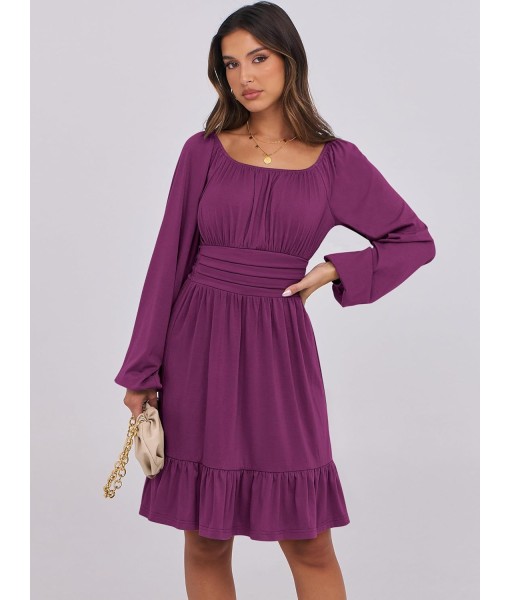 ANRABESS Womens Dress Long Lantern Sleeve Square Neck Elastic Waist Ruffle Flowy Swing A-Line Short Dresses 2025 Fall Fashion