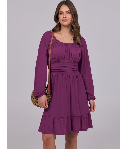 ANRABESS Womens Dress Long Lantern Sleeve Square Neck Elastic Waist Ruffle Flowy Swing A-Line Short Dresses 2025 Fall Fashion