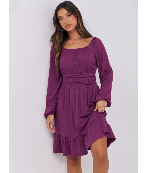 ANRABESS Womens Dress Long Lantern Sleeve Square Neck Elastic Waist Ruffle Flowy Swing A-Line Short Dresses 2025 Fall Fashion
