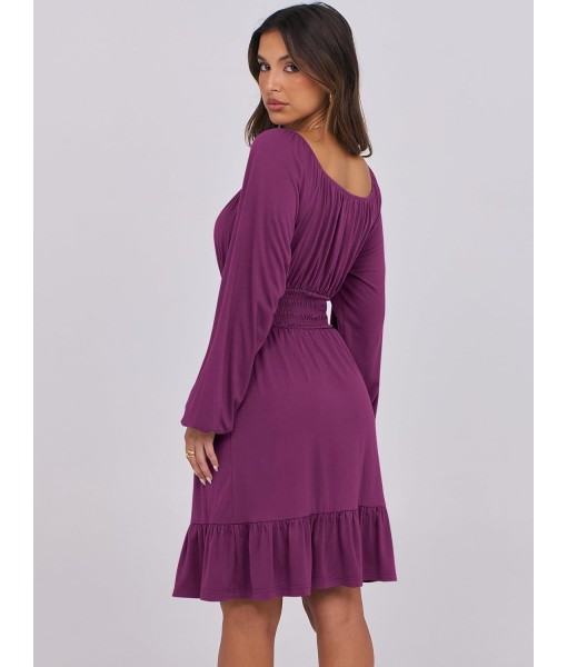 ANRABESS Womens Dress Long Lantern Sleeve Square Neck Elastic Waist Ruffle Flowy Swing A-Line Short Dresses 2025 Fall Fashion