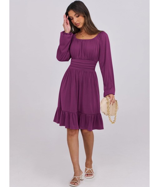 ANRABESS Womens Dress Long Lantern Sleeve Square Neck Elastic Waist Ruffle Flowy Swing A-Line Short Dresses 2025 Fall Fashion