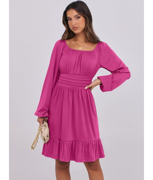 ANRABESS Womens Dress Long Lantern Sleeve Square Neck Elastic Waist Ruffle Flowy Swing A-Line Short Dresses 2025 Fall Fashion