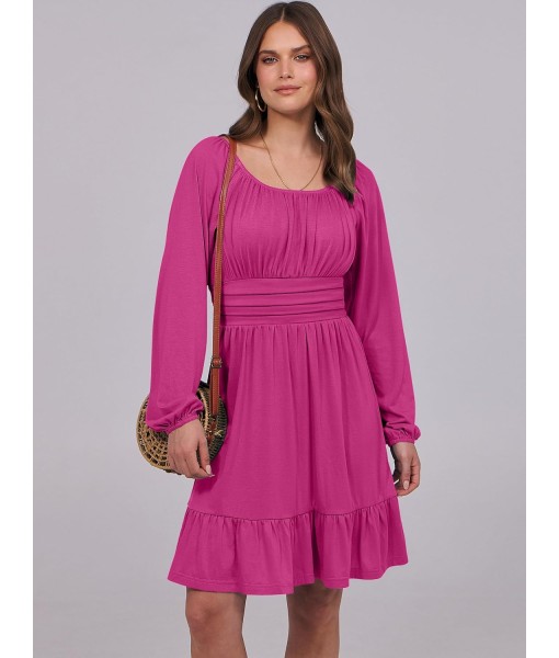 ANRABESS Womens Dress Long Lantern Sleeve Square Neck Elastic Waist Ruffle Flowy Swing A-Line Short Dresses 2025 Fall Fashion