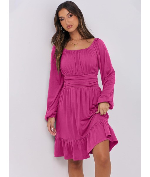 ANRABESS Womens Dress Long Lantern Sleeve Square Neck Elastic Waist Ruffle Flowy Swing A-Line Short Dresses 2025 Fall Fashion
