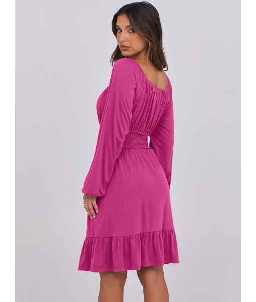 ANRABESS Womens Dress Long Lantern Sleeve Square Neck Elastic Waist Ruffle Flowy Swing A-Line Short Dresses 2025 Fall Fashion