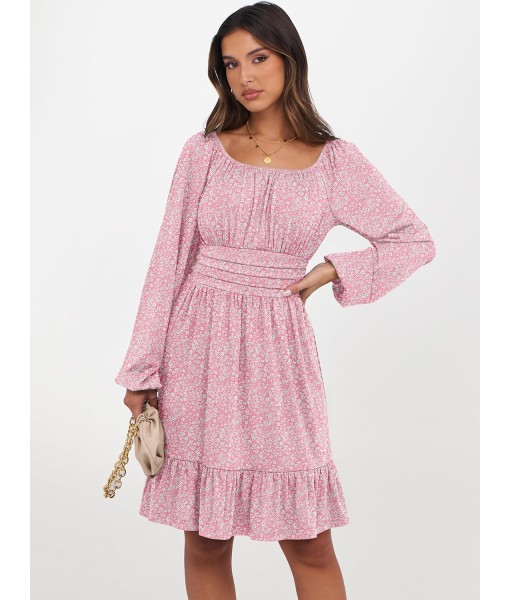 ANRABESS Womens Dress Long Lantern Sleeve Square Neck Elastic Waist Ruffle Flowy Swing A-Line Short Dresses 2025 Fall Fashion