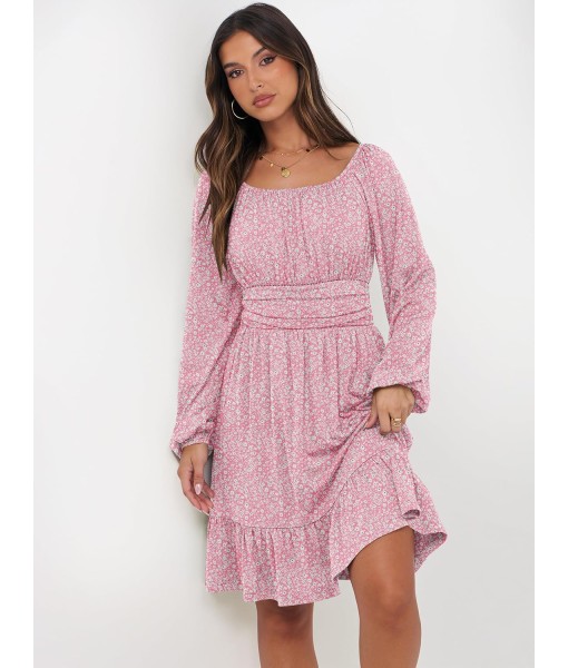 ANRABESS Womens Dress Long Lantern Sleeve Square Neck Elastic Waist Ruffle Flowy Swing A-Line Short Dresses 2025 Fall Fashion