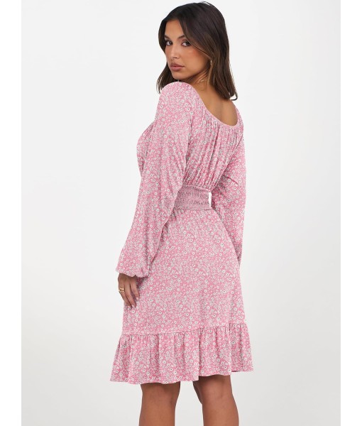 ANRABESS Womens Dress Long Lantern Sleeve Square Neck Elastic Waist Ruffle Flowy Swing A-Line Short Dresses 2025 Fall Fashion