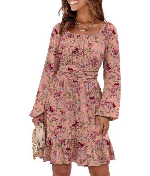 ANRABESS Womens Dress Long Lantern Sleeve Square Neck Elastic Waist Ruffle Flowy Swing A-Line Short Dresses 2025 Fall Fashion