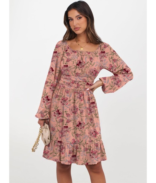 ANRABESS Womens Dress Long Lantern Sleeve Square Neck Elastic Waist Ruffle Flowy Swing A-Line Short Dresses 2025 Fall Fashion