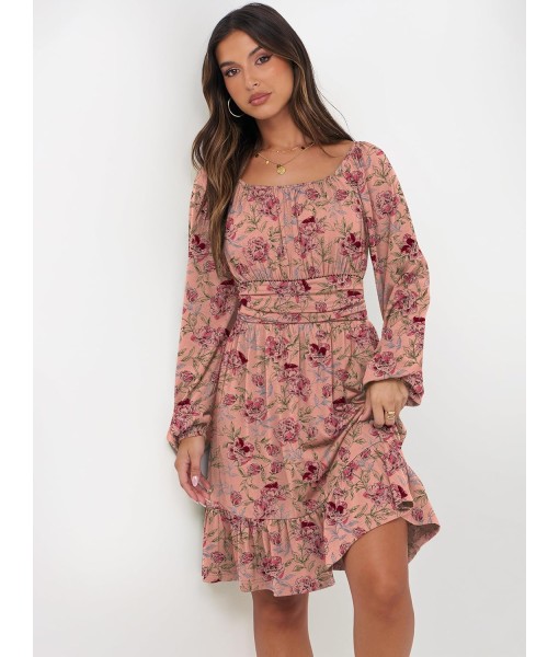 ANRABESS Womens Dress Long Lantern Sleeve Square Neck Elastic Waist Ruffle Flowy Swing A-Line Short Dresses 2025 Fall Fashion