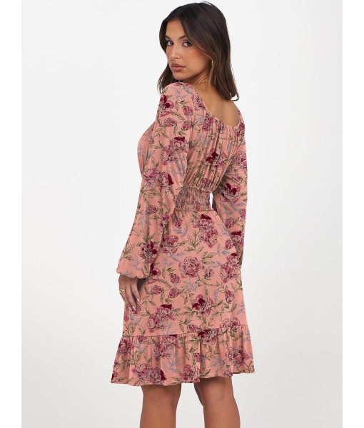 ANRABESS Womens Dress Long Lantern Sleeve Square Neck Elastic Waist Ruffle Flowy Swing A-Line Short Dresses 2025 Fall Fashion