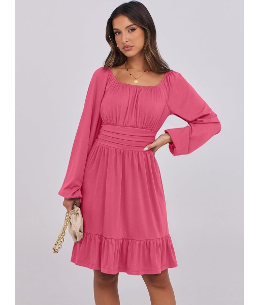 ANRABESS Womens Dress Long Lantern Sleeve Square Neck Elastic Waist Ruffle Flowy Swing A-Line Short Dresses 2025 Fall Fashion
