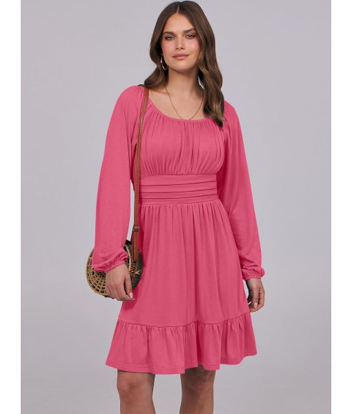 ANRABESS Womens Dress Long Lantern Sleeve Square Neck Elastic Waist Ruffle Flowy Swing A-Line Short Dresses 2025 Fall Fashion