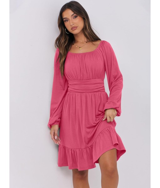 ANRABESS Womens Dress Long Lantern Sleeve Square Neck Elastic Waist Ruffle Flowy Swing A-Line Short Dresses 2025 Fall Fashion