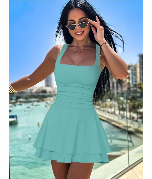 Kaximil Women's Square Neck Ruffle Hem Mini Dress Ruched Waist Short Party Dresses