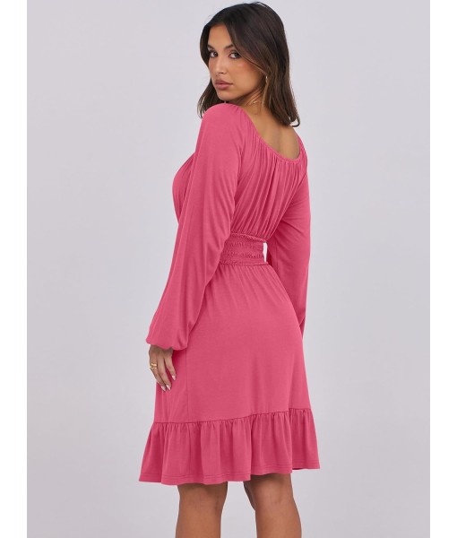 ANRABESS Womens Dress Long Lantern Sleeve Square Neck Elastic Waist Ruffle Flowy Swing A-Line Short Dresses 2025 Fall Fashion