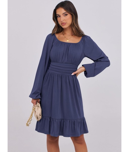 ANRABESS Womens Dress Long Lantern Sleeve Square Neck Elastic Waist Ruffle Flowy Swing A-Line Short Dresses 2025 Fall Fashion