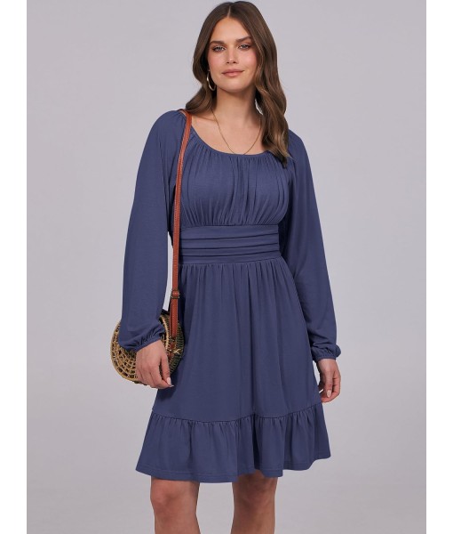 ANRABESS Womens Dress Long Lantern Sleeve Square Neck Elastic Waist Ruffle Flowy Swing A-Line Short Dresses 2025 Fall Fashion