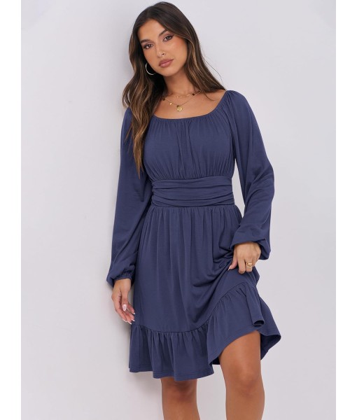 ANRABESS Womens Dress Long Lantern Sleeve Square Neck Elastic Waist Ruffle Flowy Swing A-Line Short Dresses 2025 Fall Fashion