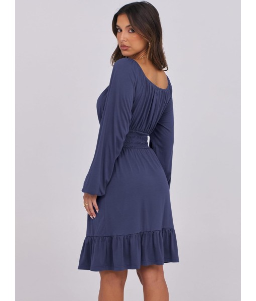 ANRABESS Womens Dress Long Lantern Sleeve Square Neck Elastic Waist Ruffle Flowy Swing A-Line Short Dresses 2025 Fall Fashion