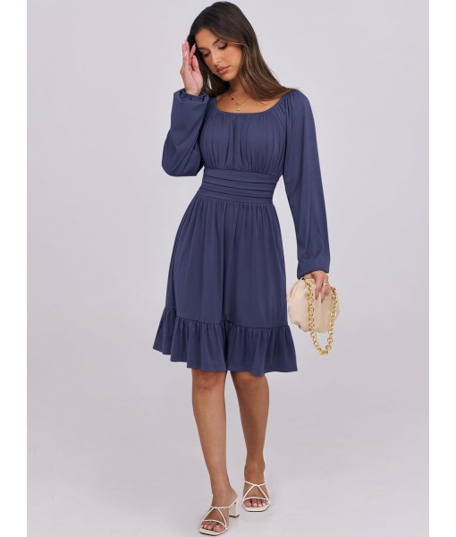 ANRABESS Womens Dress Long Lantern Sleeve Square Neck Elastic Waist Ruffle Flowy Swing A-Line Short Dresses 2025 Fall Fashion