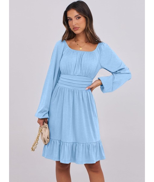 ANRABESS Womens Dress Long Lantern Sleeve Square Neck Elastic Waist Ruffle Flowy Swing A-Line Short Dresses 2025 Fall Fashion