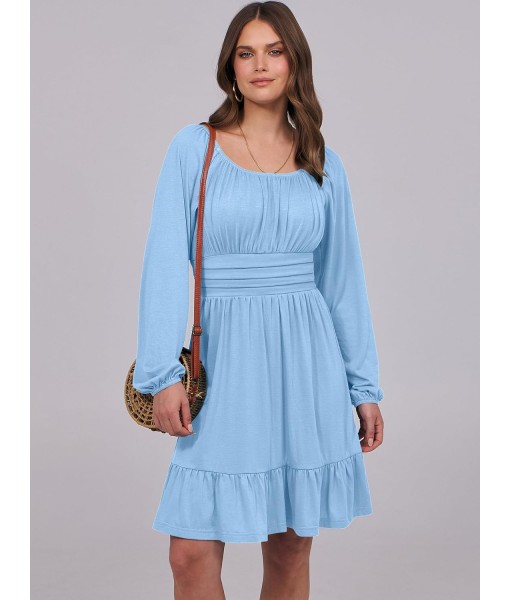 ANRABESS Womens Dress Long Lantern Sleeve Square Neck Elastic Waist Ruffle Flowy Swing A-Line Short Dresses 2025 Fall Fashion