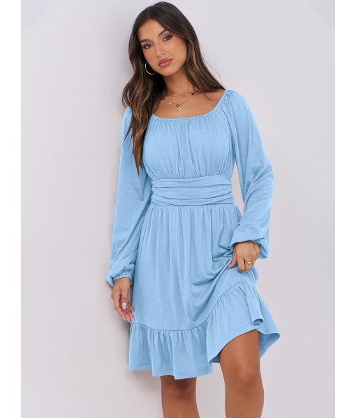 ANRABESS Womens Dress Long Lantern Sleeve Square Neck Elastic Waist Ruffle Flowy Swing A-Line Short Dresses 2025 Fall Fashion