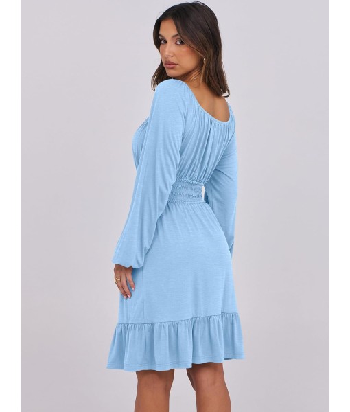ANRABESS Womens Dress Long Lantern Sleeve Square Neck Elastic Waist Ruffle Flowy Swing A-Line Short Dresses 2025 Fall Fashion