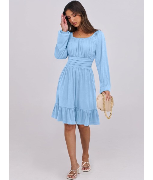 ANRABESS Womens Dress Long Lantern Sleeve Square Neck Elastic Waist Ruffle Flowy Swing A-Line Short Dresses 2025 Fall Fashion