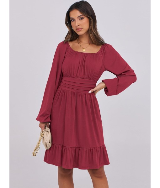 ANRABESS Womens Dress Long Lantern Sleeve Square Neck Elastic Waist Ruffle Flowy Swing A-Line Short Dresses 2025 Fall Fashion