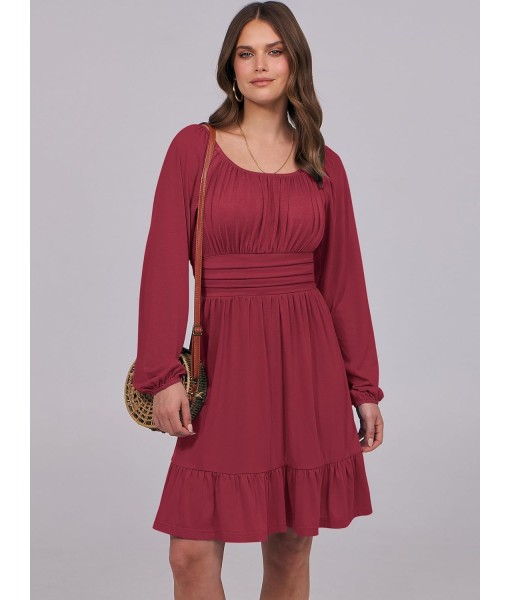 ANRABESS Womens Dress Long Lantern Sleeve Square Neck Elastic Waist Ruffle Flowy Swing A-Line Short Dresses 2025 Fall Fashion