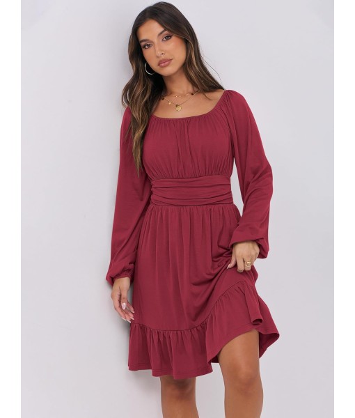 ANRABESS Womens Dress Long Lantern Sleeve Square Neck Elastic Waist Ruffle Flowy Swing A-Line Short Dresses 2025 Fall Fashion