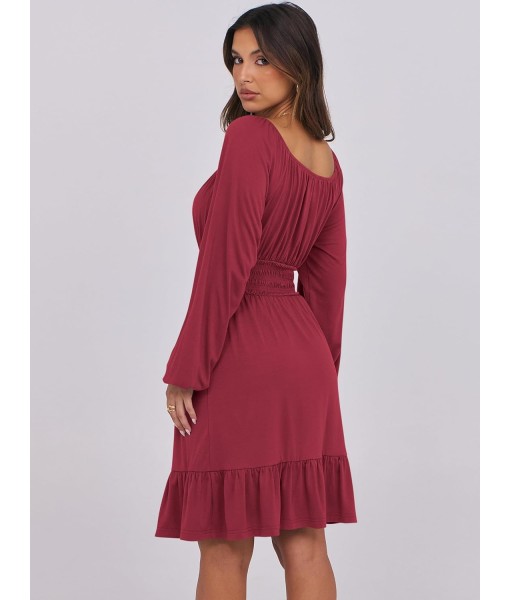 ANRABESS Womens Dress Long Lantern Sleeve Square Neck Elastic Waist Ruffle Flowy Swing A-Line Short Dresses 2025 Fall Fashion