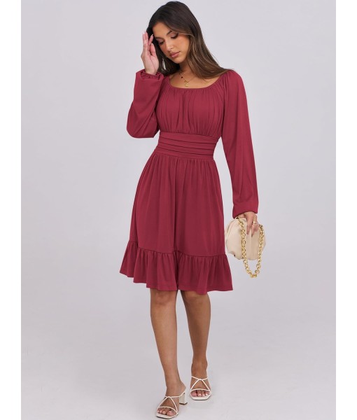 ANRABESS Womens Dress Long Lantern Sleeve Square Neck Elastic Waist Ruffle Flowy Swing A-Line Short Dresses 2025 Fall Fashion