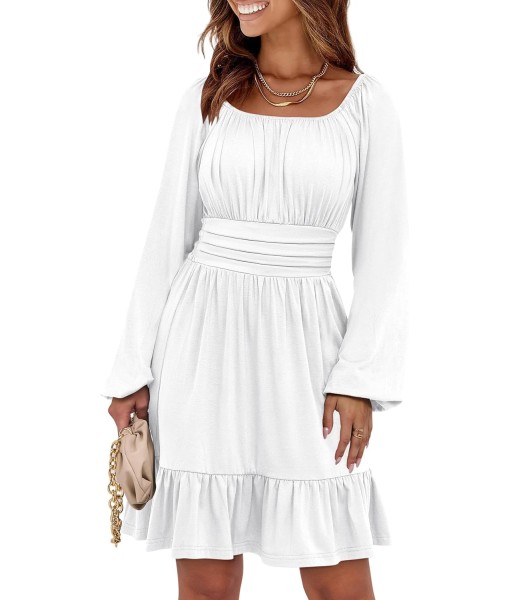 ANRABESS Womens Dress Long Lantern Sleeve Square Neck Elastic Waist Ruffle Flowy Swing A-Line Short Dresses 2025 Fall Fashion