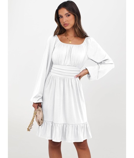 ANRABESS Womens Dress Long Lantern Sleeve Square Neck Elastic Waist Ruffle Flowy Swing A-Line Short Dresses 2025 Fall Fashion