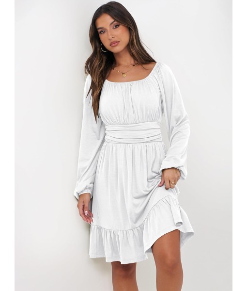ANRABESS Womens Dress Long Lantern Sleeve Square Neck Elastic Waist Ruffle Flowy Swing A-Line Short Dresses 2025 Fall Fashion