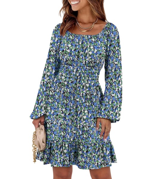 ANRABESS Womens Dress Long Lantern Sleeve Square Neck Elastic Waist Ruffle Flowy Swing A-Line Short Dresses 2025 Fall Fashion