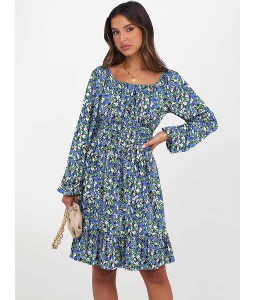 ANRABESS Womens Dress Long Lantern Sleeve Square Neck Elastic Waist Ruffle Flowy Swing A-Line Short Dresses 2025 Fall Fashion
