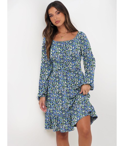 ANRABESS Womens Dress Long Lantern Sleeve Square Neck Elastic Waist Ruffle Flowy Swing A-Line Short Dresses 2025 Fall Fashion