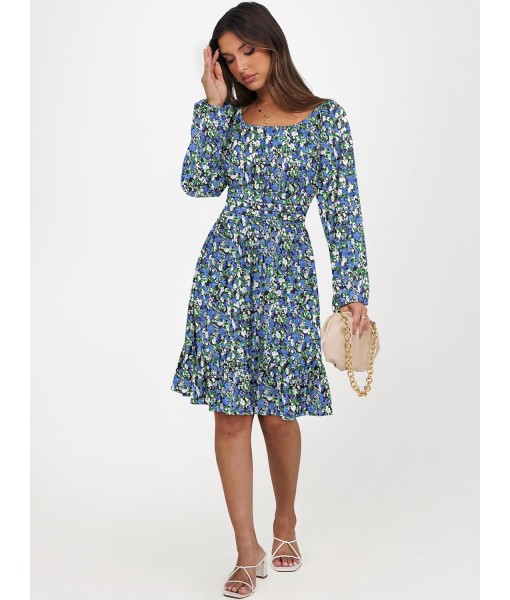 ANRABESS Womens Dress Long Lantern Sleeve Square Neck Elastic Waist Ruffle Flowy Swing A-Line Short Dresses 2025 Fall Fashion