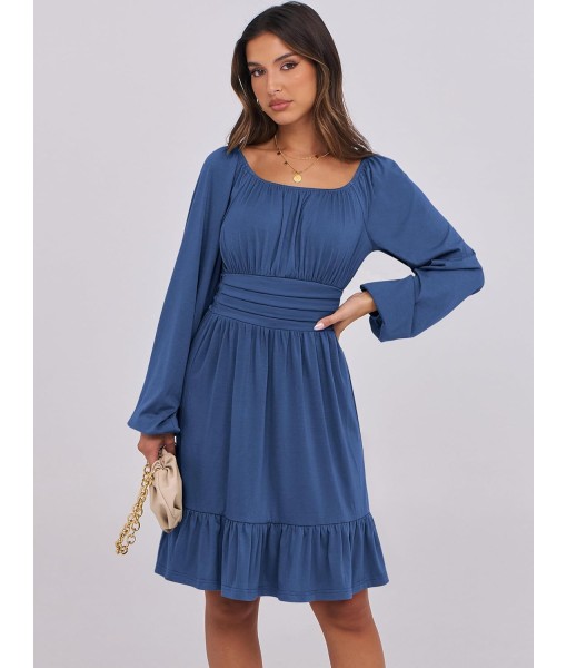 ANRABESS Womens Dress Long Lantern Sleeve Square Neck Elastic Waist Ruffle Flowy Swing A-Line Short Dresses 2025 Fall Fashion