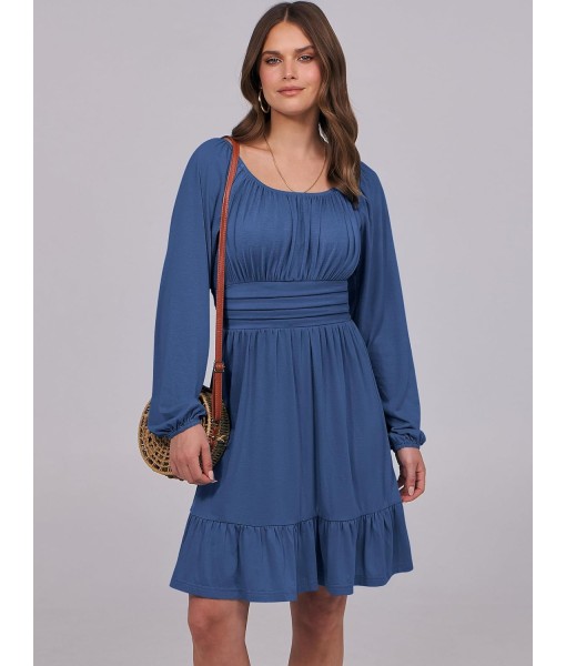 ANRABESS Womens Dress Long Lantern Sleeve Square Neck Elastic Waist Ruffle Flowy Swing A-Line Short Dresses 2025 Fall Fashion