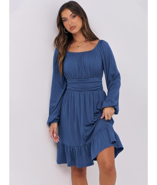 ANRABESS Womens Dress Long Lantern Sleeve Square Neck Elastic Waist Ruffle Flowy Swing A-Line Short Dresses 2025 Fall Fashion